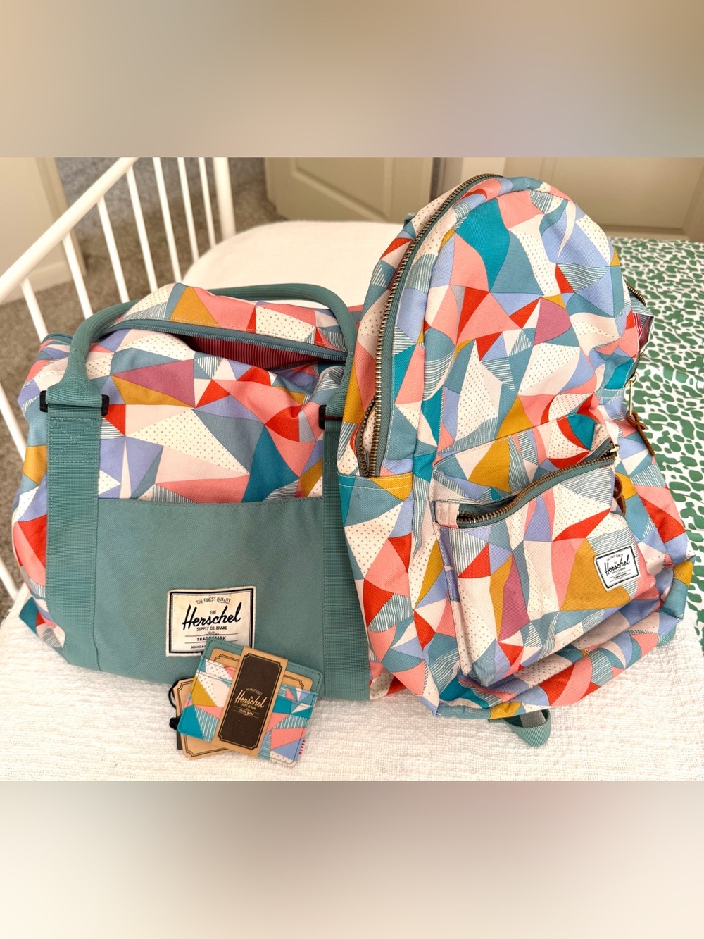 RARE! HTF! Herschel Travel Set - Duffle Backpack Card Wallet Quilt Seafoam